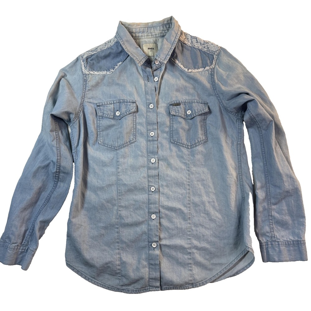 Max Chambray Lace Shirt Western Womens M Blue Yoke Button Up Top Cowgirlcore